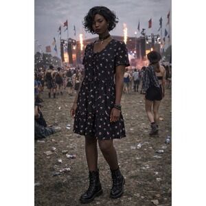 True Craft Floral Mini Dress Black Boho Peasant Tie Front Women's Medium